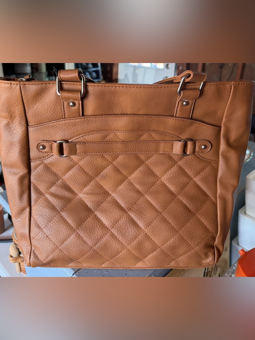 Quilted Tan Leather Tote Bag